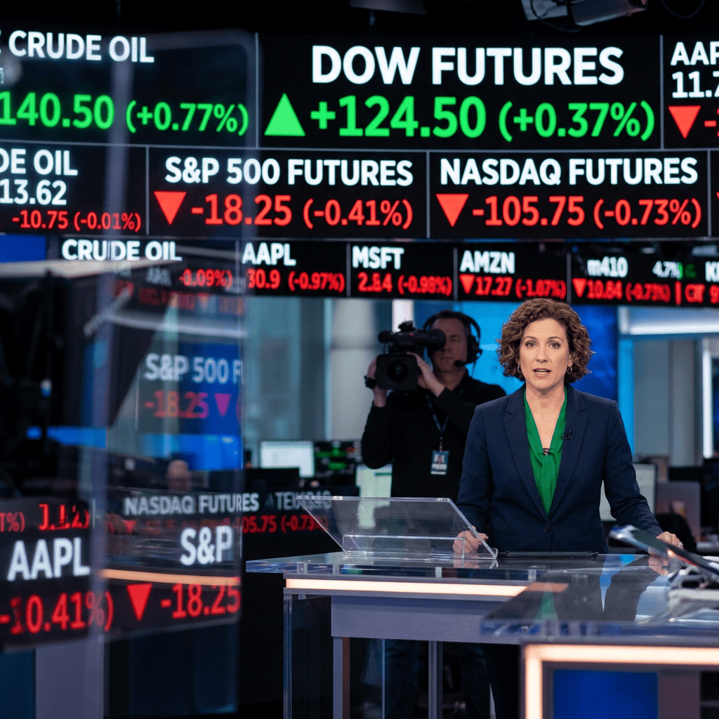 Financial news presenter at podium with Dow, S&P 500, and Nasdaq futures displays