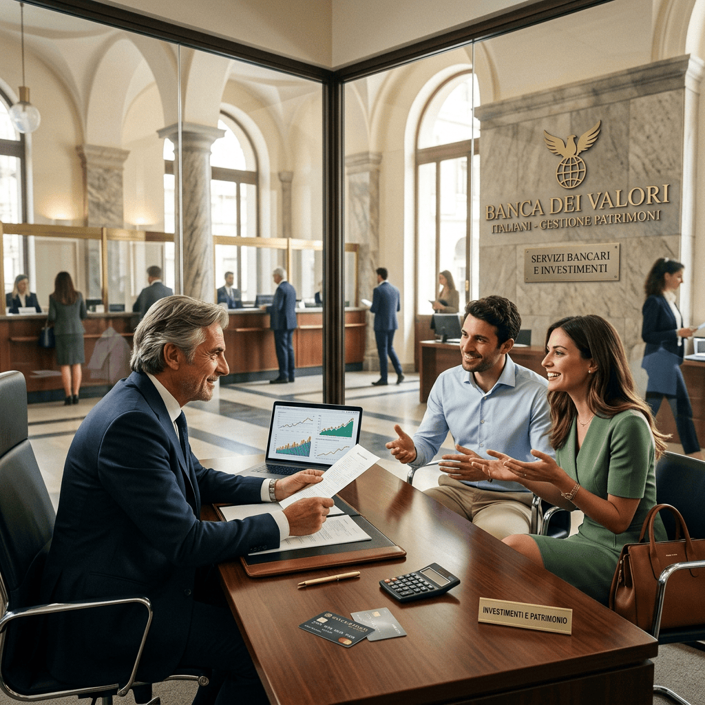 Adviser meets couple at Banca dei Valori for investment services; signs read "BANCA DEI VALORI," "ITALIANI - GESTIONE PATRIMONI," and "SERVIZI BANCARI E INVESTIMENTI."