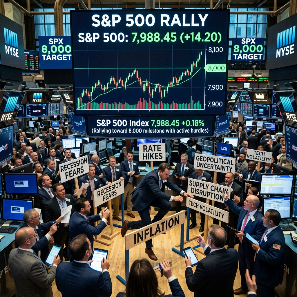 NYSE trading floor with S&P 500 at 7,988.45 and signs warning of recession, inflation, and volatility