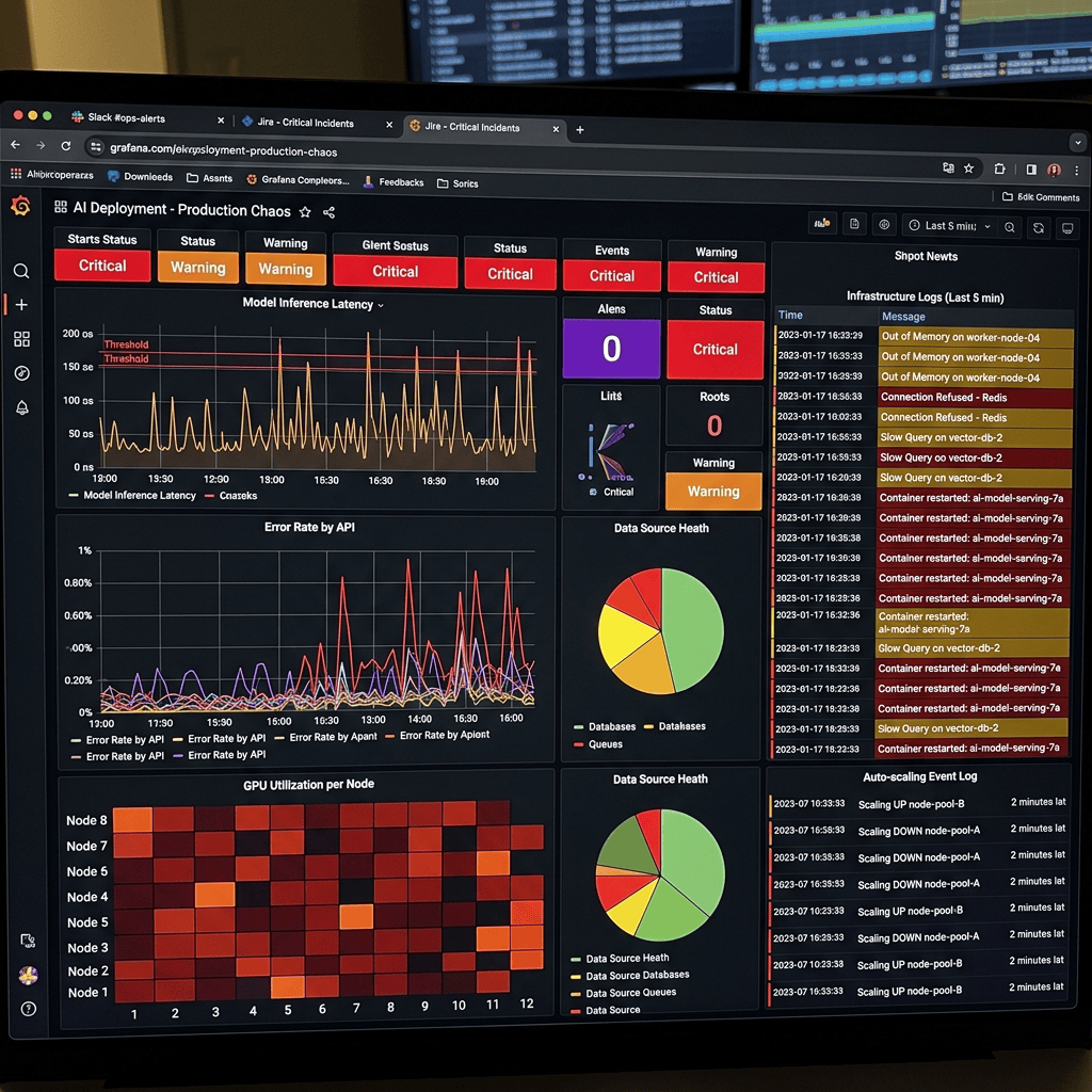 Grafana dashboard showing critical deployment status, latency charts, alerts, logs, and GPU heatmap