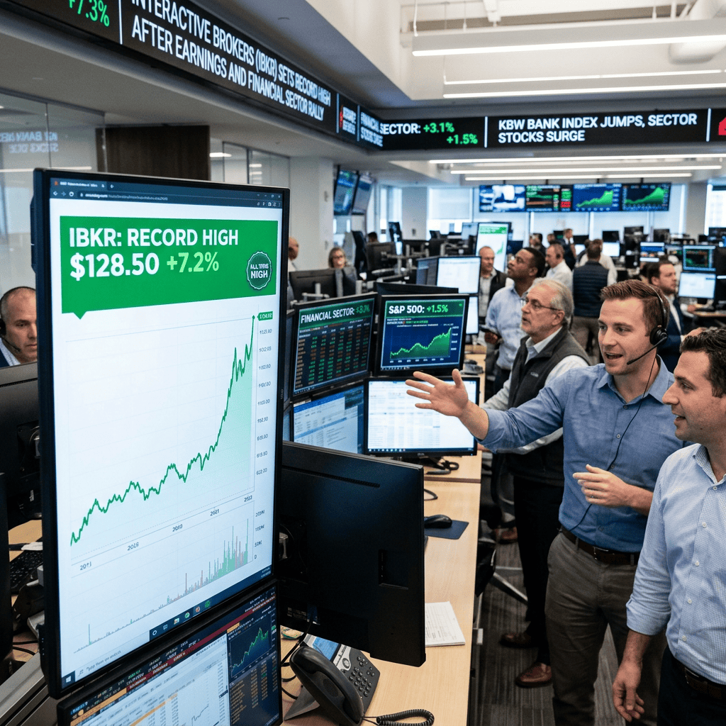 Traders gathered around screens showing IBKR record high and rising stock indexes