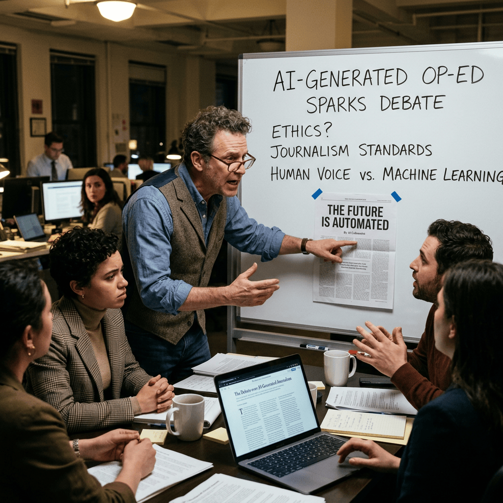 Journalists discussing AI-generated opinion pieces around a whiteboard labeled ethics and journalism standards