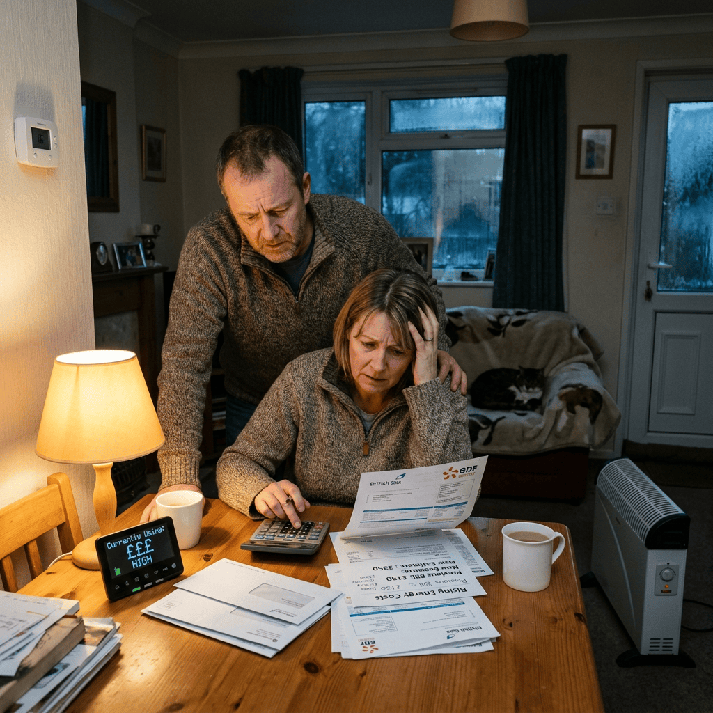 Couple reviewing energy bills beside a display reading “Currently £££ HIGH”