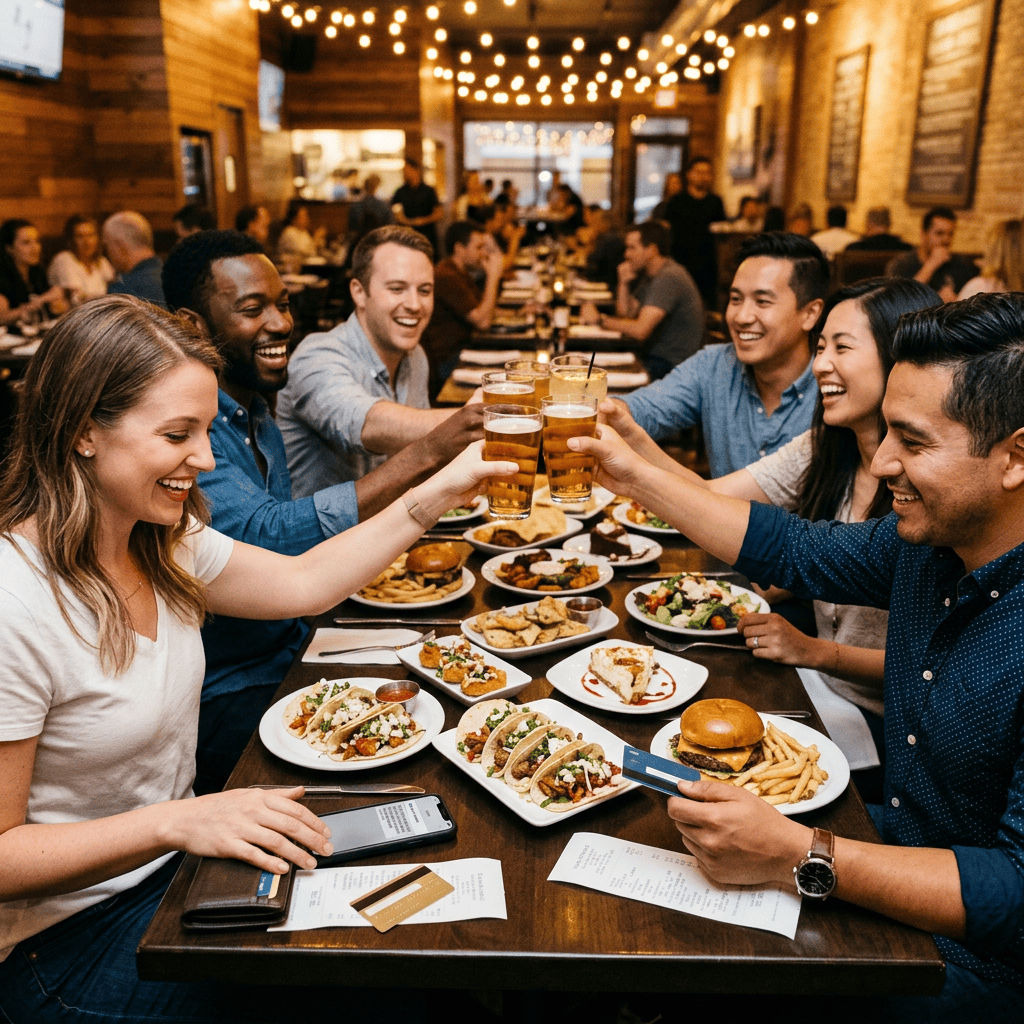 Friends raising beer glasses together over a shared restaurant dinner