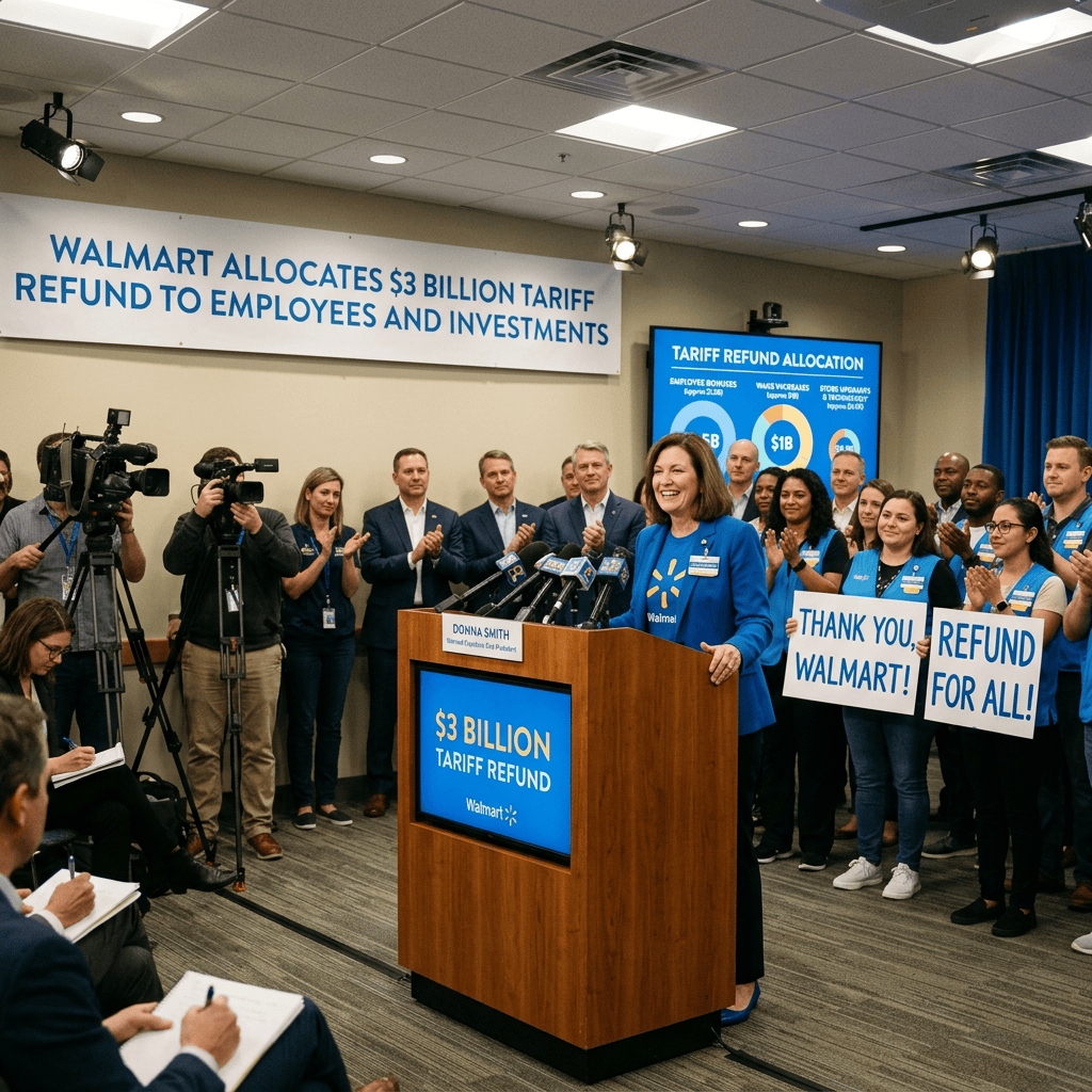 Walmart allocates $3 billion tariff refund to employees and investments; signs read “Thank You Walmart!” and “Tariff Refund for All!”