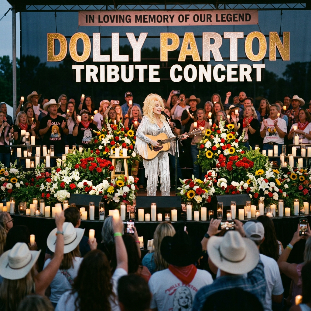 Dolly Parton tribute concert with performer, candles, flowers, and audience