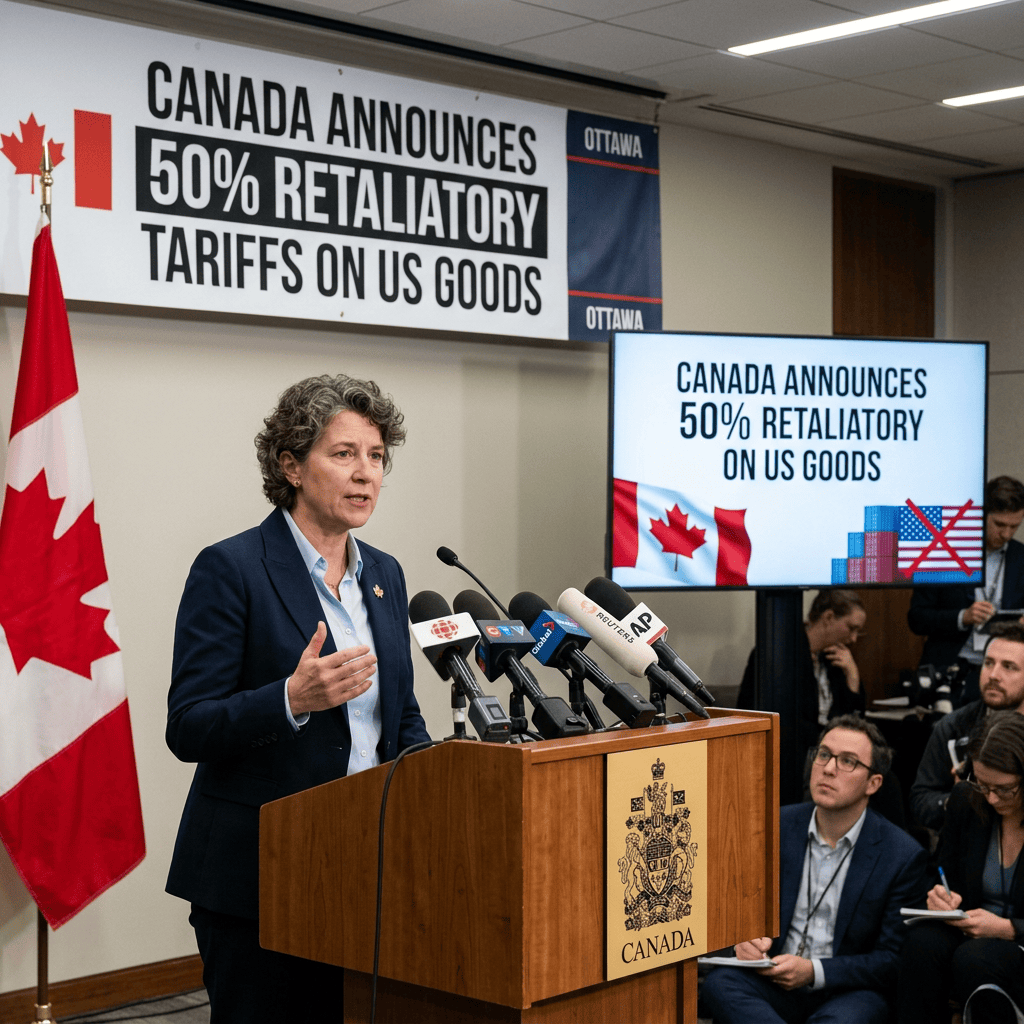 Canadian official at podium; sign reads “CANADA ANNOUNCES 50% RETALIATORY TARIFFS ON US GOODS”; screen reads “CANADA ANNOUNCES 50% RETALIATORY ON US GOODS”