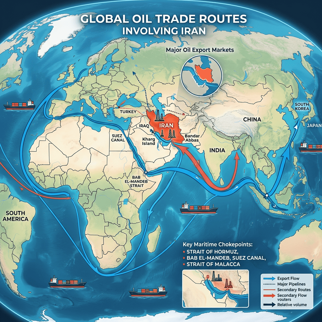 Map of global oil trade routes involving Iran, showing export markets and maritime chokepoints