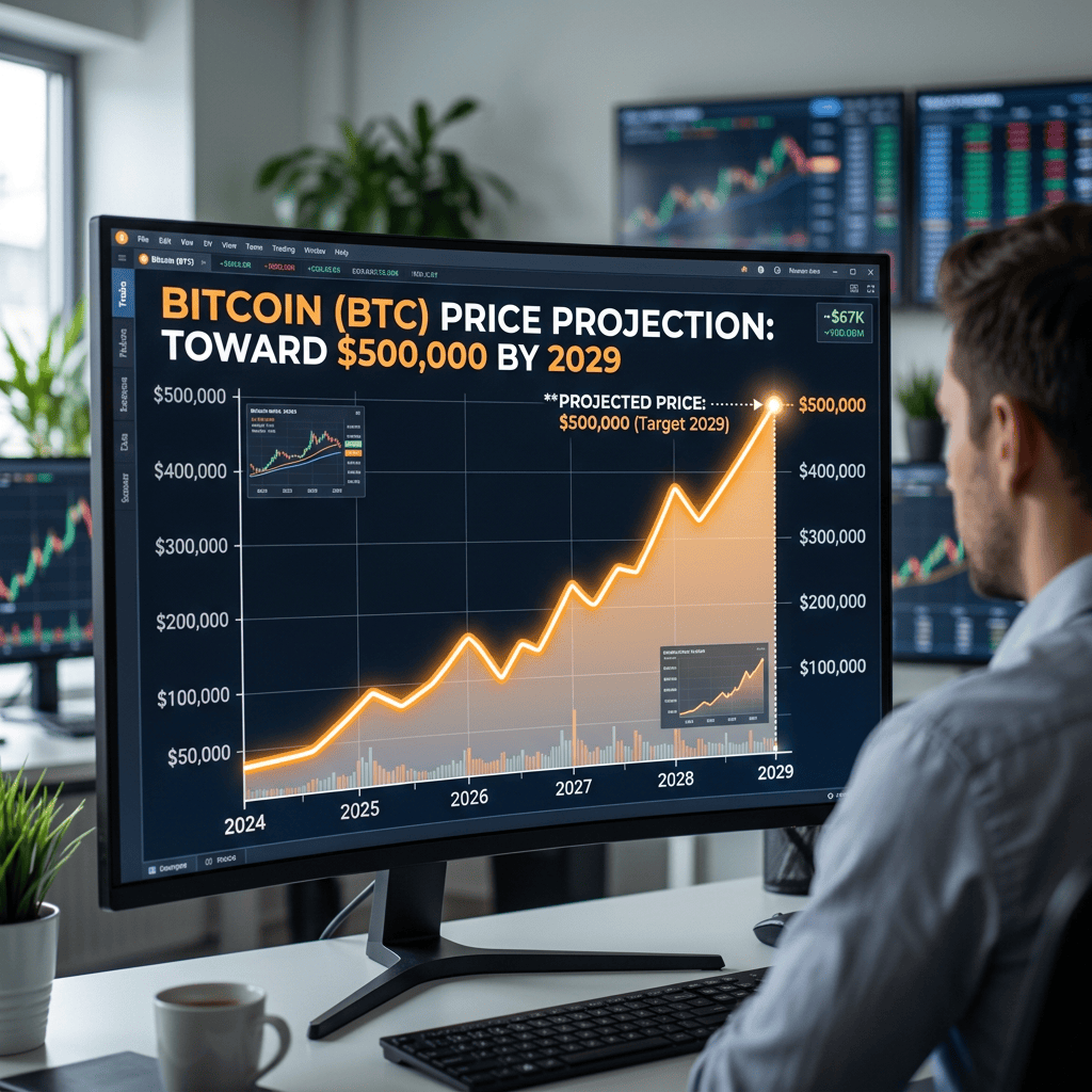 Bitcoin price projection chart targeting $500,000 by 2029