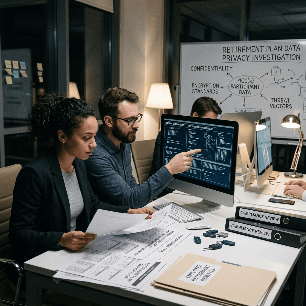 Team reviewing retirement plan data privacy investigation and compliance documents