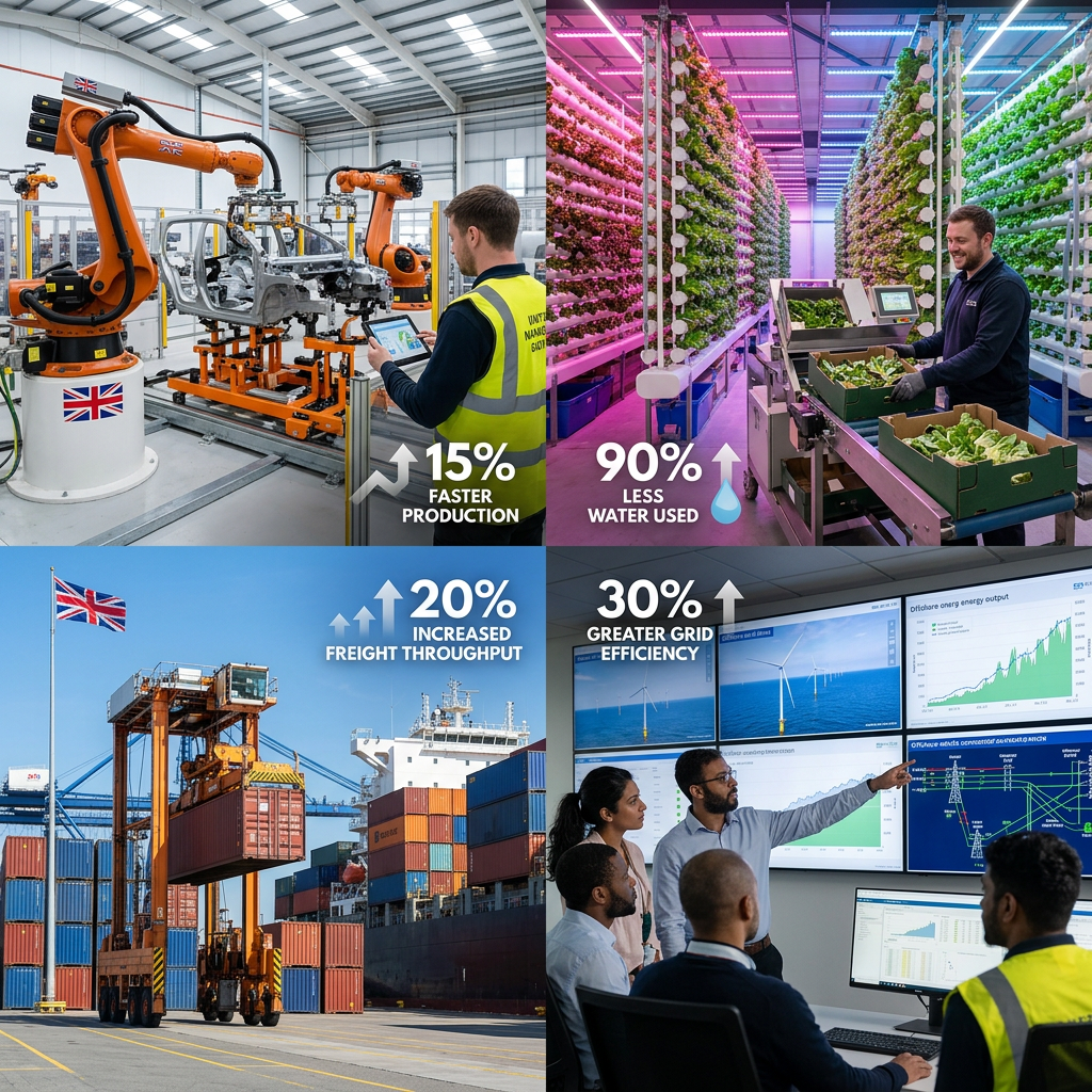 Four-panel collage: 15% faster production, 90% less water, 20% freight throughput, 30% grid efficiency