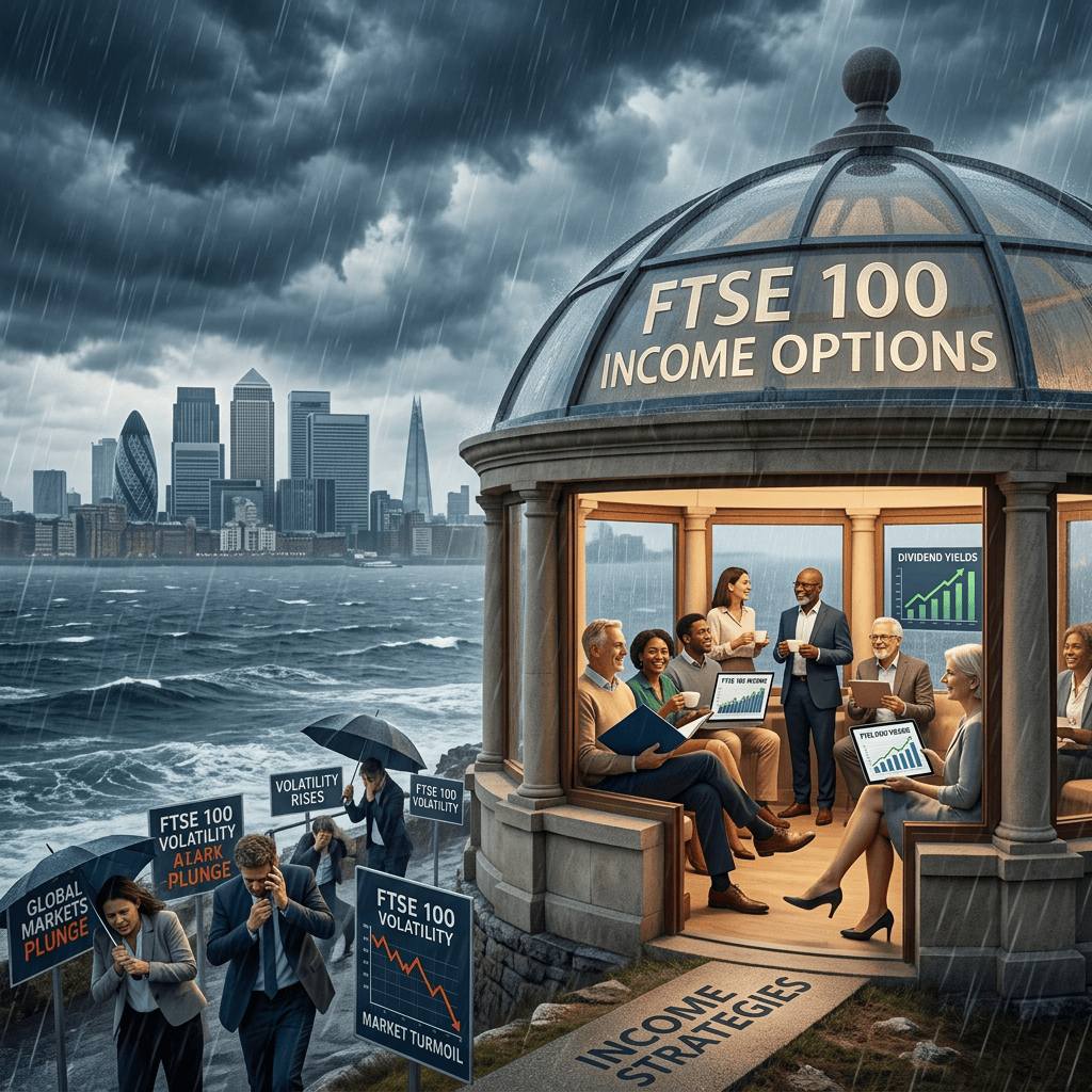 FTSE 100 INCOME OPTIONS pavilion beside stormy market signs and London skyline