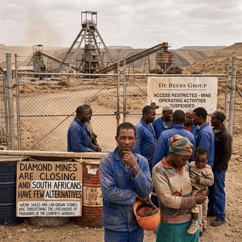 Workers and mother with child outside mine; signs read “De Beers Group,” “Access Restricted - Mine Operating Activities Suspended,” and “Diamond Mines Are Closing and South Africans Have Few Alternatives. Weak Sales and Lab-Grown Stones Are Threatening the Livelihoods of Thousands of the Country’s Workers.”