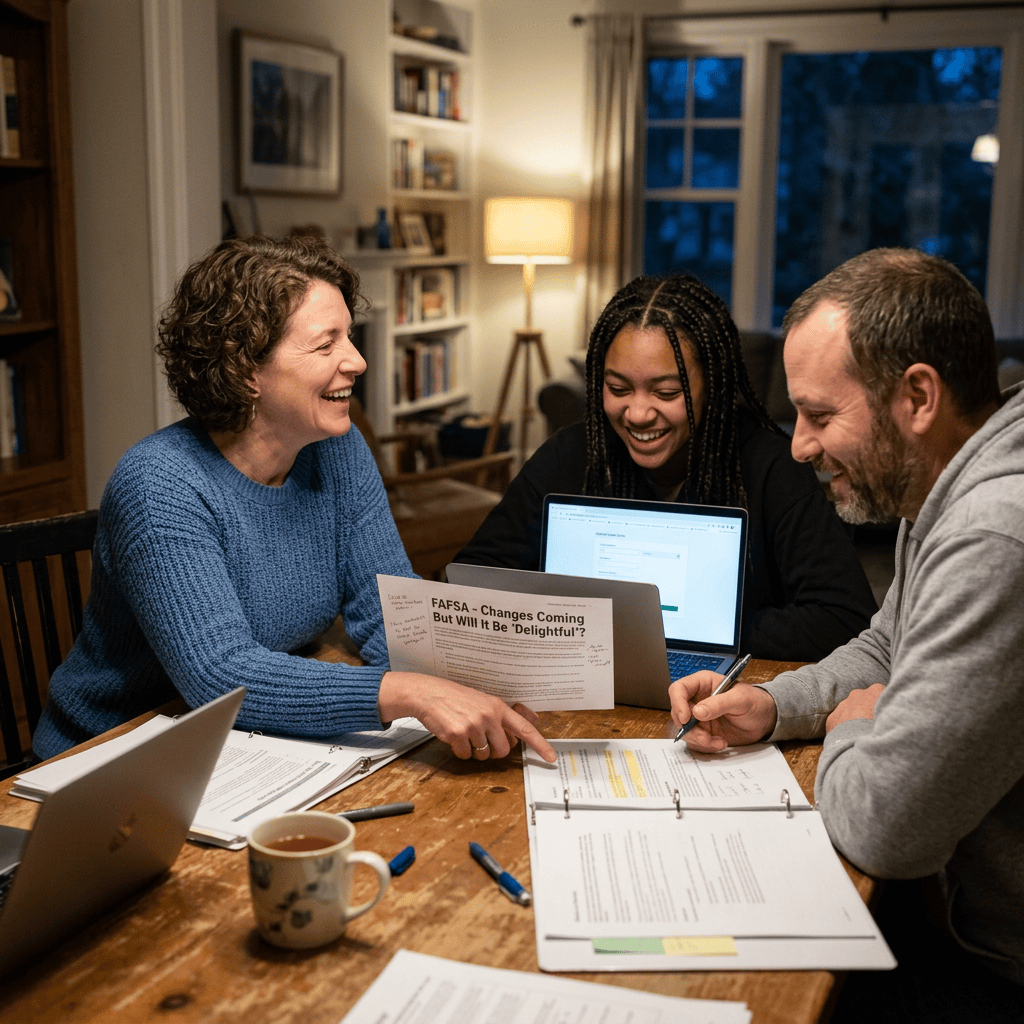Three people reviewing FASA changes with documents and a laptop