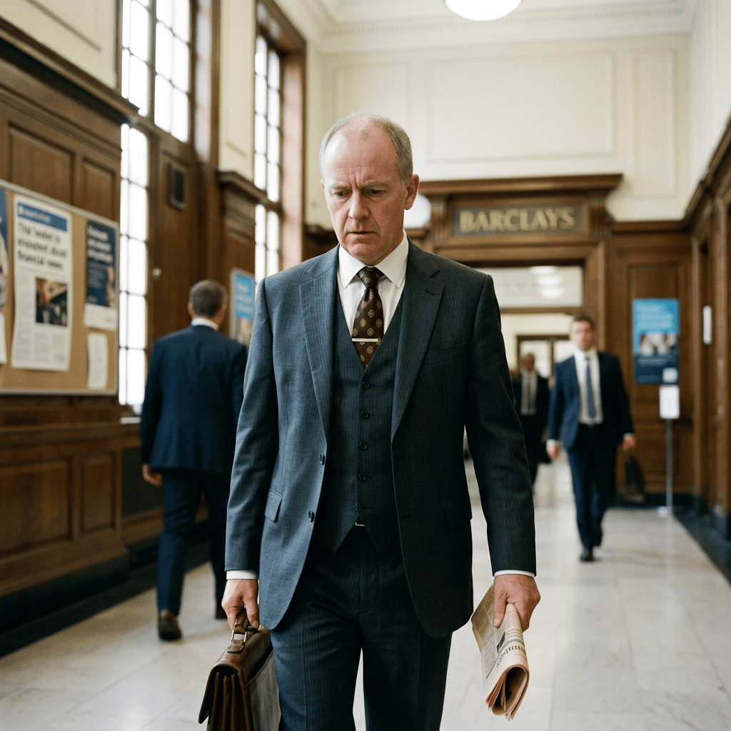 Businessman carrying briefcase and newspaper inside Barclays