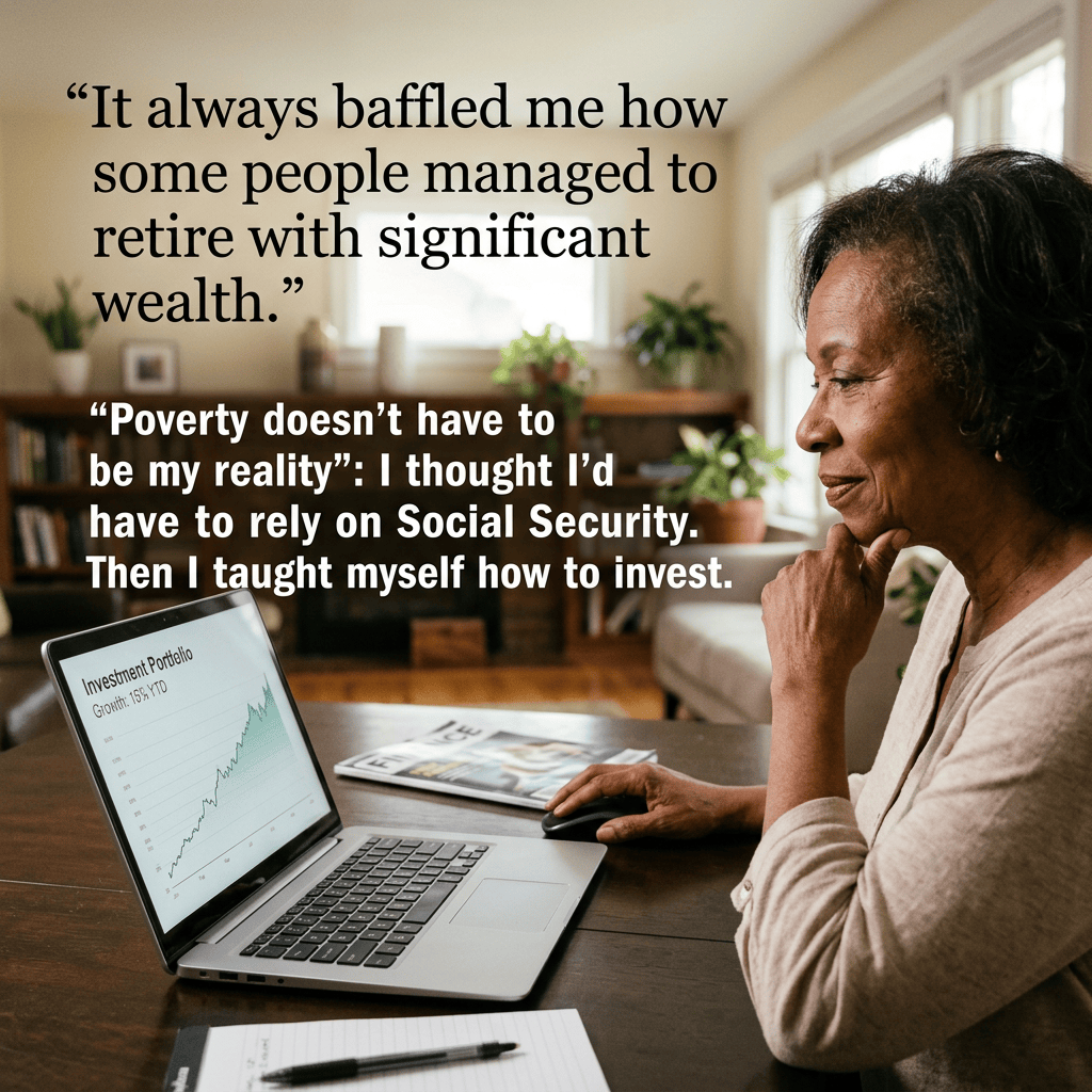 Text reads: “It always baffled me how some people managed to retire with significant wealth.” “Poverty doesn’t have to be my reality”: I thought I’d have to rely on Social Security. Then I taught myself how to invest. A woman studies a laptop displaying an investment portfolio chart.