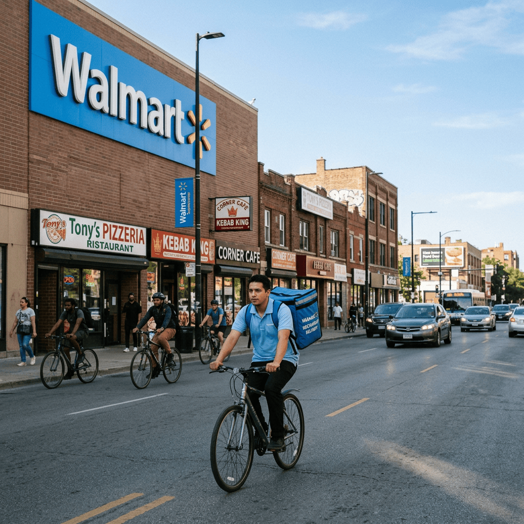 Delivery cyclist and other riders passing Walmart and neighborhood restaurants