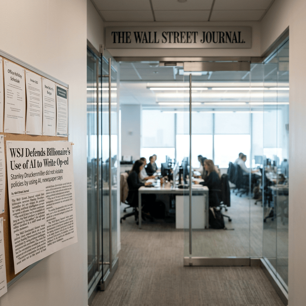 Wall Street Journal newsroom entrance with headline, “WSJ Defends Billionaire’s Use of AI to Write Op-ed”