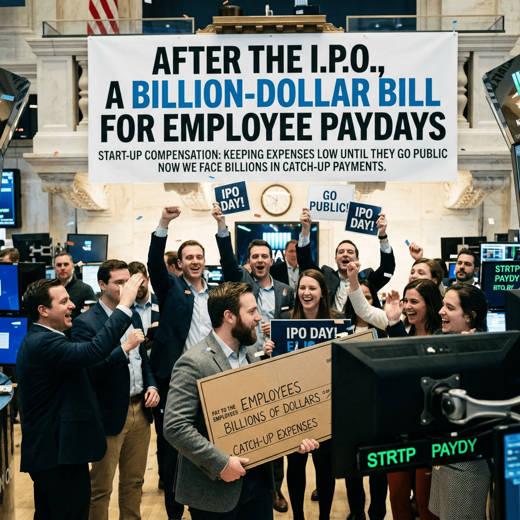 Employees celebrate beneath a banner about billion-dollar IPO employee paydays