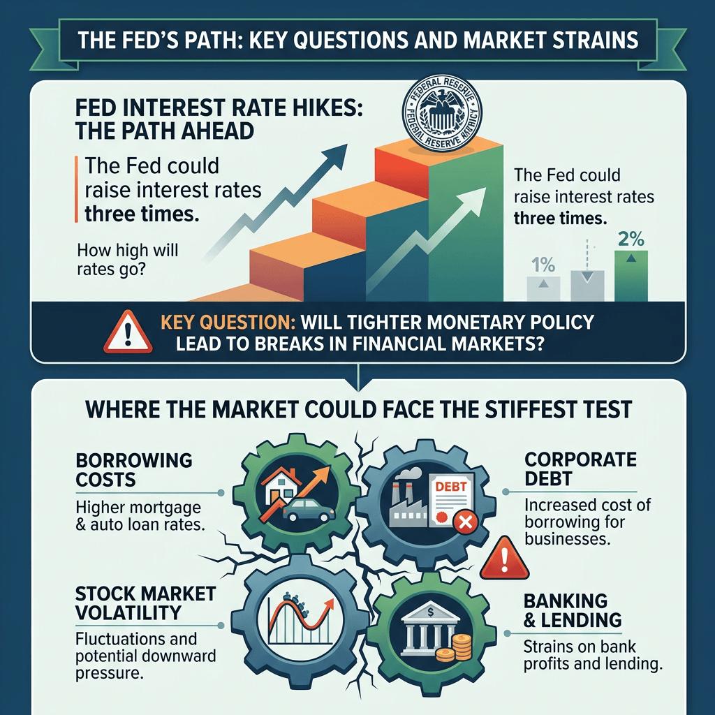Infographic about Fed rate hikes and risks to borrowing, stocks, corporate debt, and banking