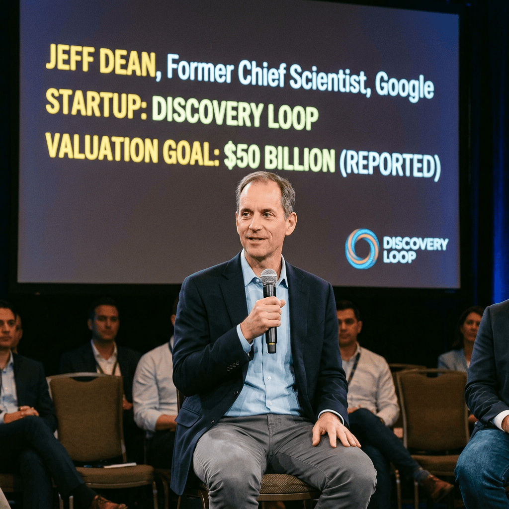Jeff Dean speaking into a microphone beneath a Discovery Loop presentation slide