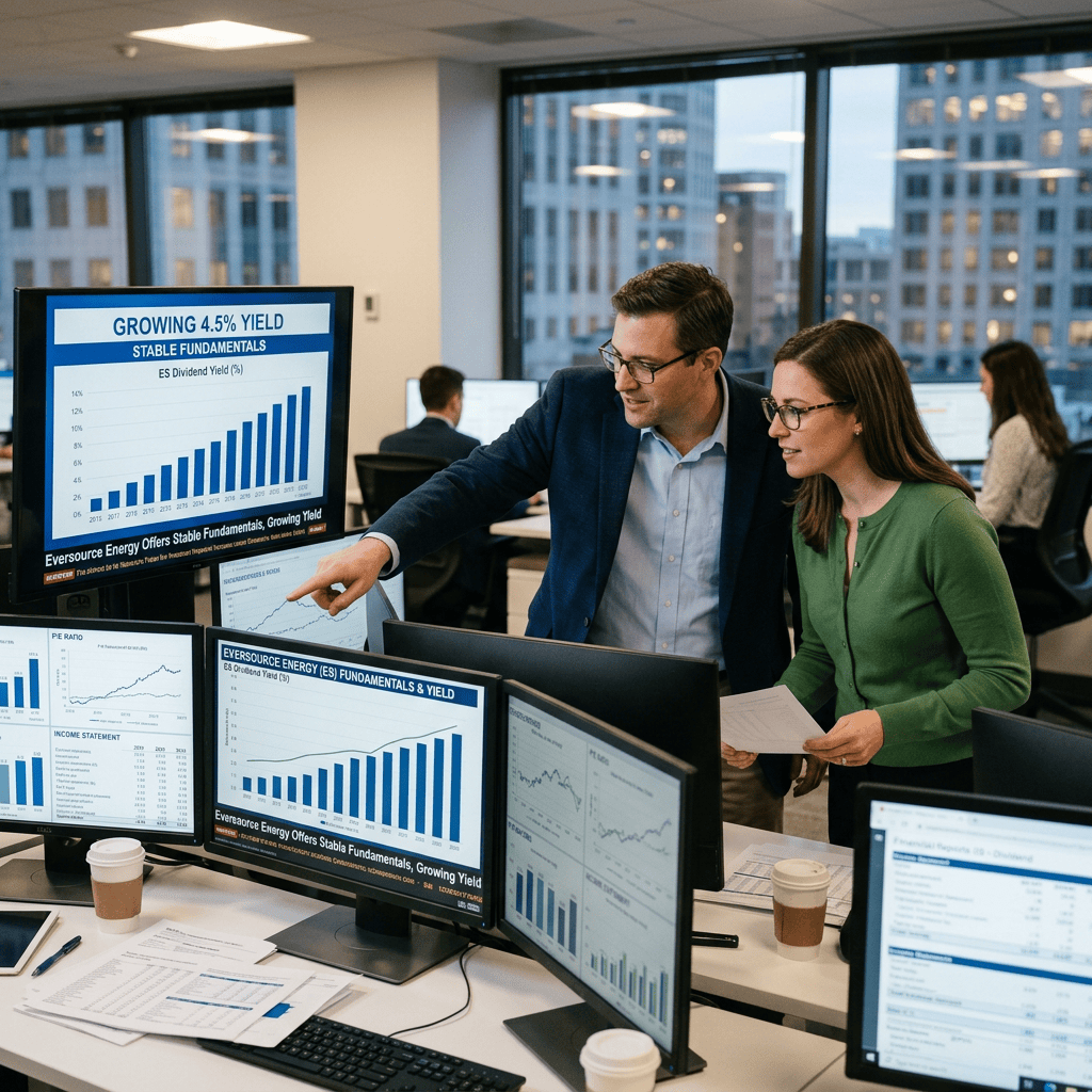 Analysts reviewing EverSource Energy charts labeled Growing 4.5% Yield and Stable Fundamentals