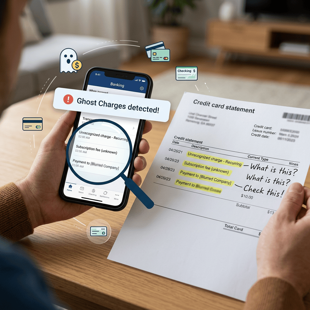 Phone displays “Ghost Charges detected!” beside a credit card statement with highlighted unrecognized charges.