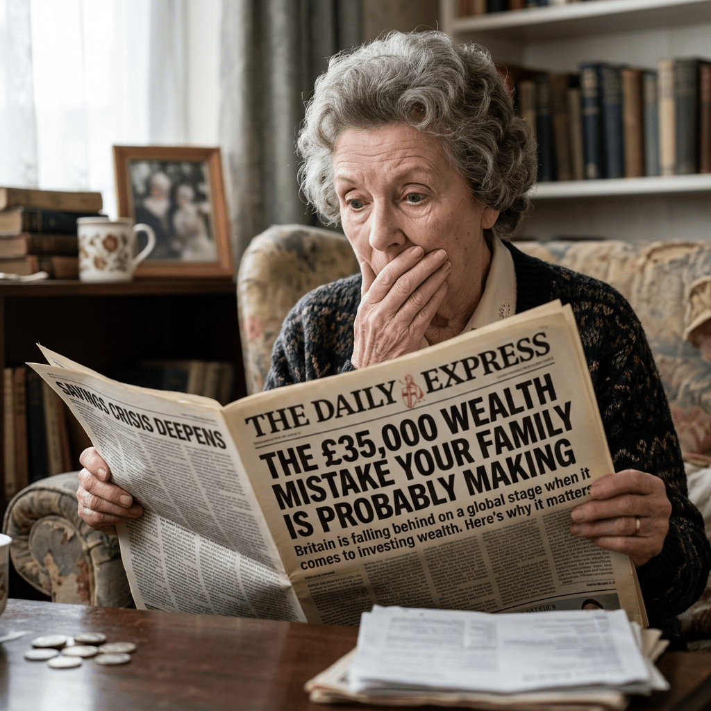Older woman reading The Daily Express headline: “The £35,000 wealth mistake your family is probably making.”
