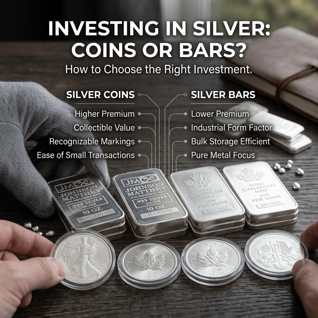 Investing in Silver: Coins or Bars? How to Choose the Right Investment. Silver coins: higher premium, collectible value, recognizable markings, ease of small transactions. Silver bars: lower premium, industrial form factor, bulk storage efficient, pure metal focus.