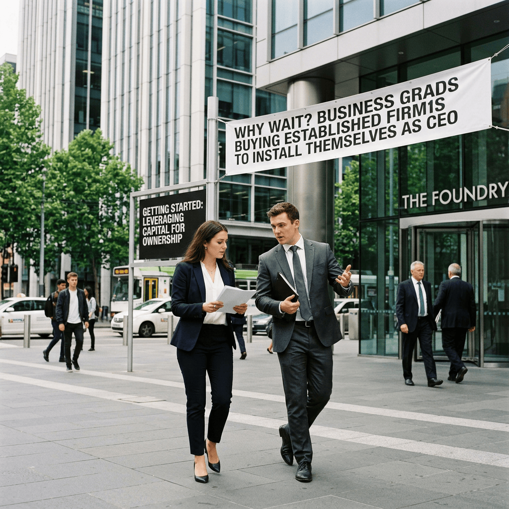Banner reads “WHY WAIT? BUSINESS GRADS BUYING ESTABLISHED FIRMS TO INSTALL THEMSELVES AS CEO”; sign reads “GETTING STARTED: LEVERAGING CAPITAL FOR OWNERSHIP”; building reads “THE FOUNDRY.”