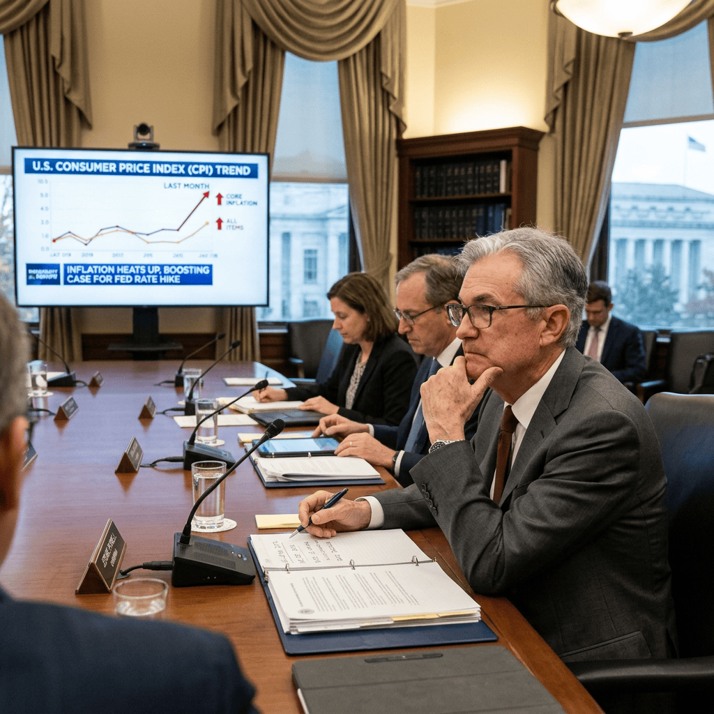 Federal officials meeting beside a screen reading “U.S. CONSUMER PRICE INDEX (CPI) TREND” and “INFLATION HEATS UP, BOOSTING CASE FOR FED RATE HIKE.”