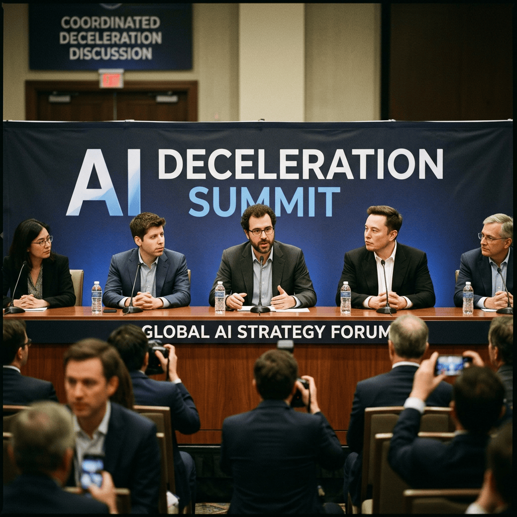Panel reads “AI DECELERATION SUMMIT,” “GLOBAL AI STRATEGY FORUM,” and “COORDINATED DECELERATION DISCUSSION,” with five panelists.