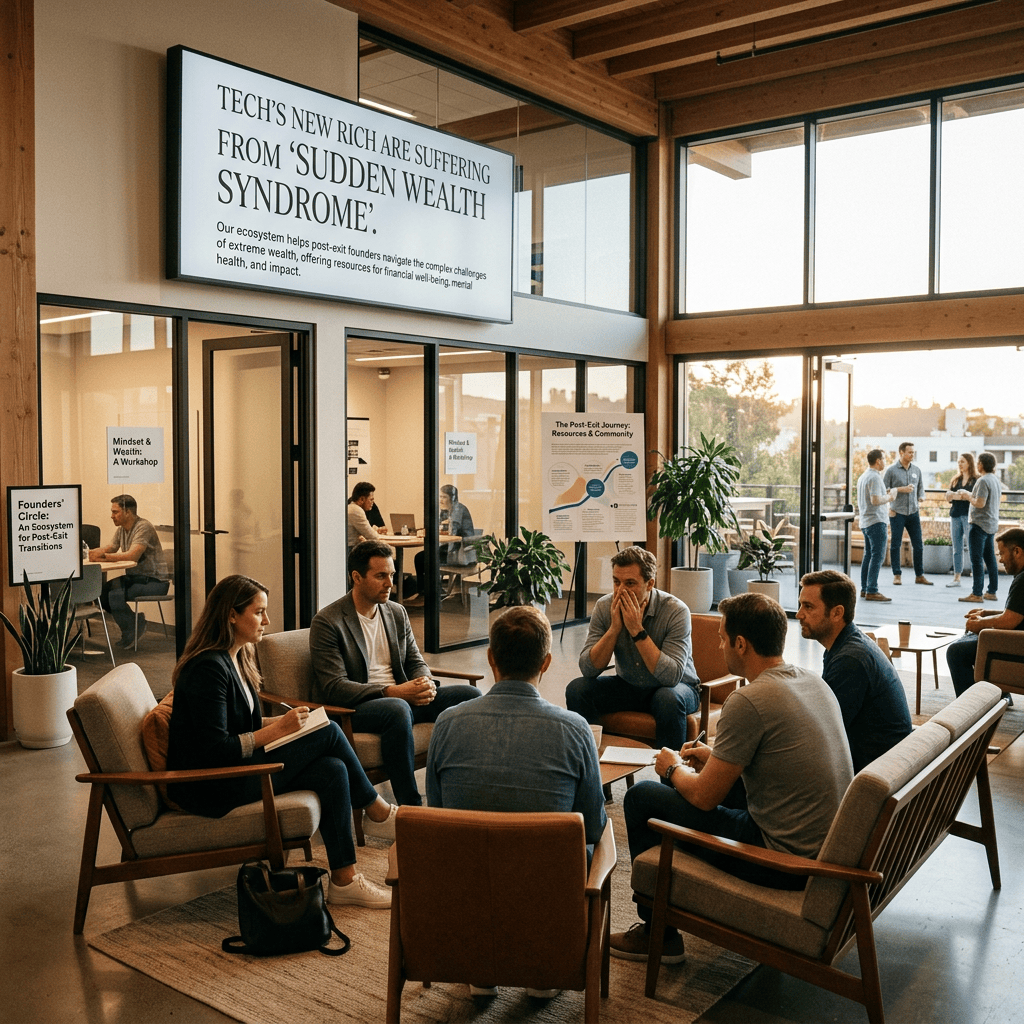 People gather in a lounge beneath a sign reading “Tech’s New Rich Are Suffering From ‘Sudden Wealth Syndrome’”; posters read “Founders’ Circle: An Ecosystem for Post-Exit Transitions,” “Mindset & Wealth: A Workshop,” and “The Post-Exit Journey: Resources & Community.”