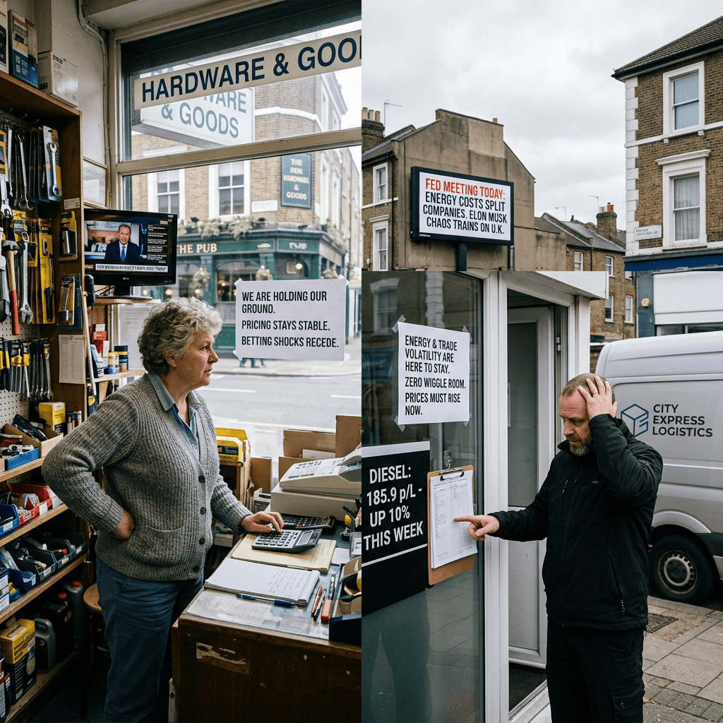 Split scene: hardware shop, worried courier, and signs reading energy costs, prices, and diesel 185.9 p/L.