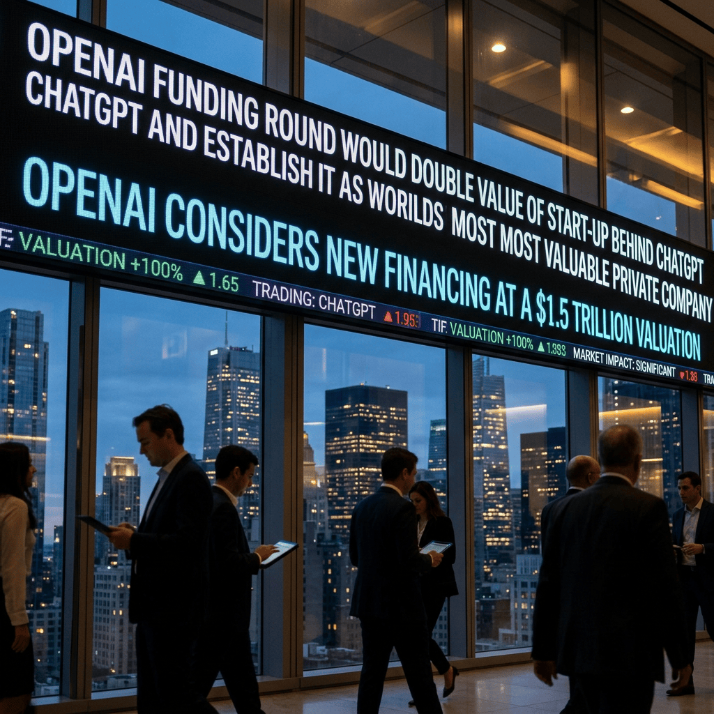 Digital ticker reads: OPENAI FUNDING ROUND WOULD DOUBLE VALUE OF START-UP BEHIND CHATGPT; OPENAI CONSIDERS NEW FINANCING AT A $1.5 TRILLION VALUATION.
