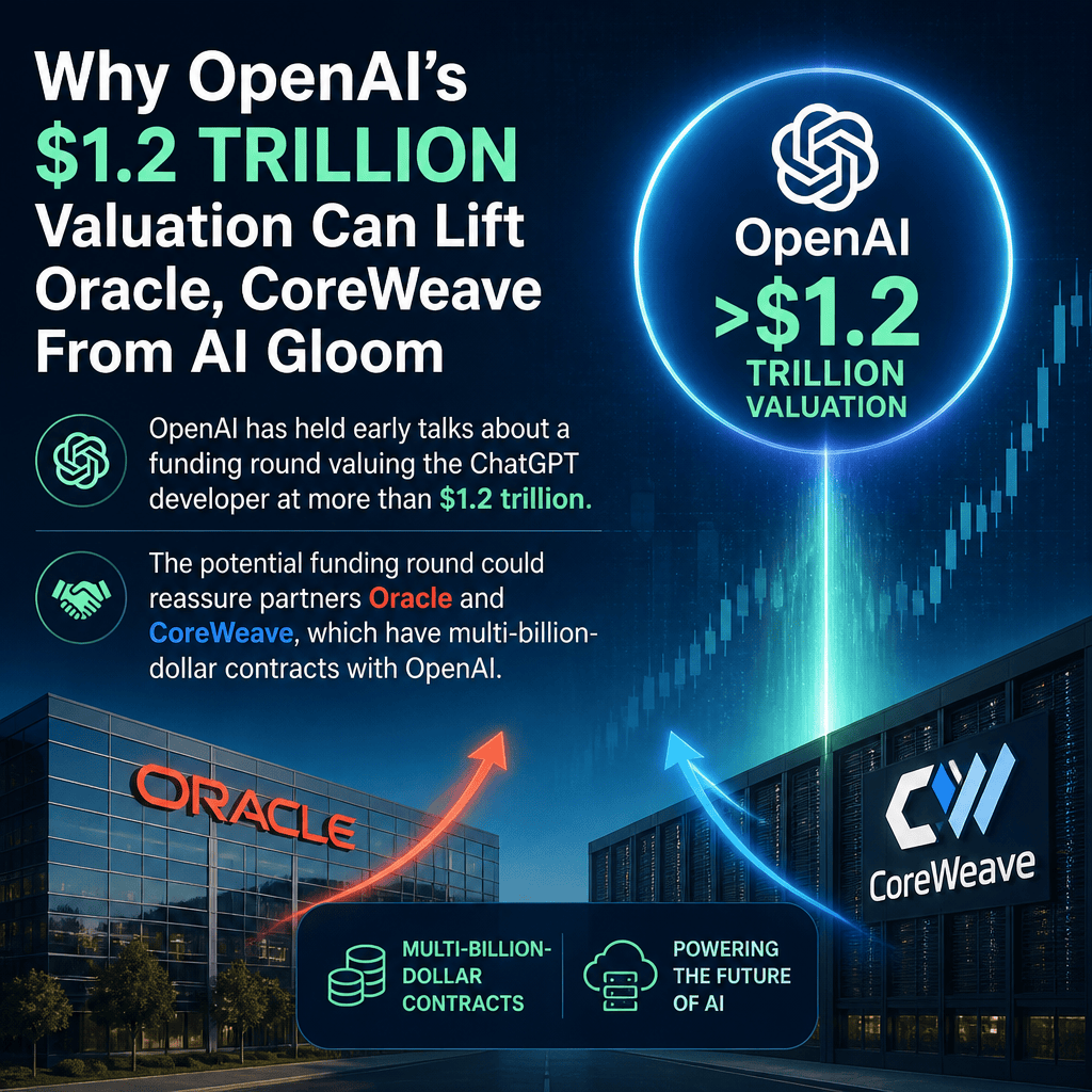Graphic about OpenAI’s potential $1.2 trillion valuation and Oracle and CoreWeave partnerships