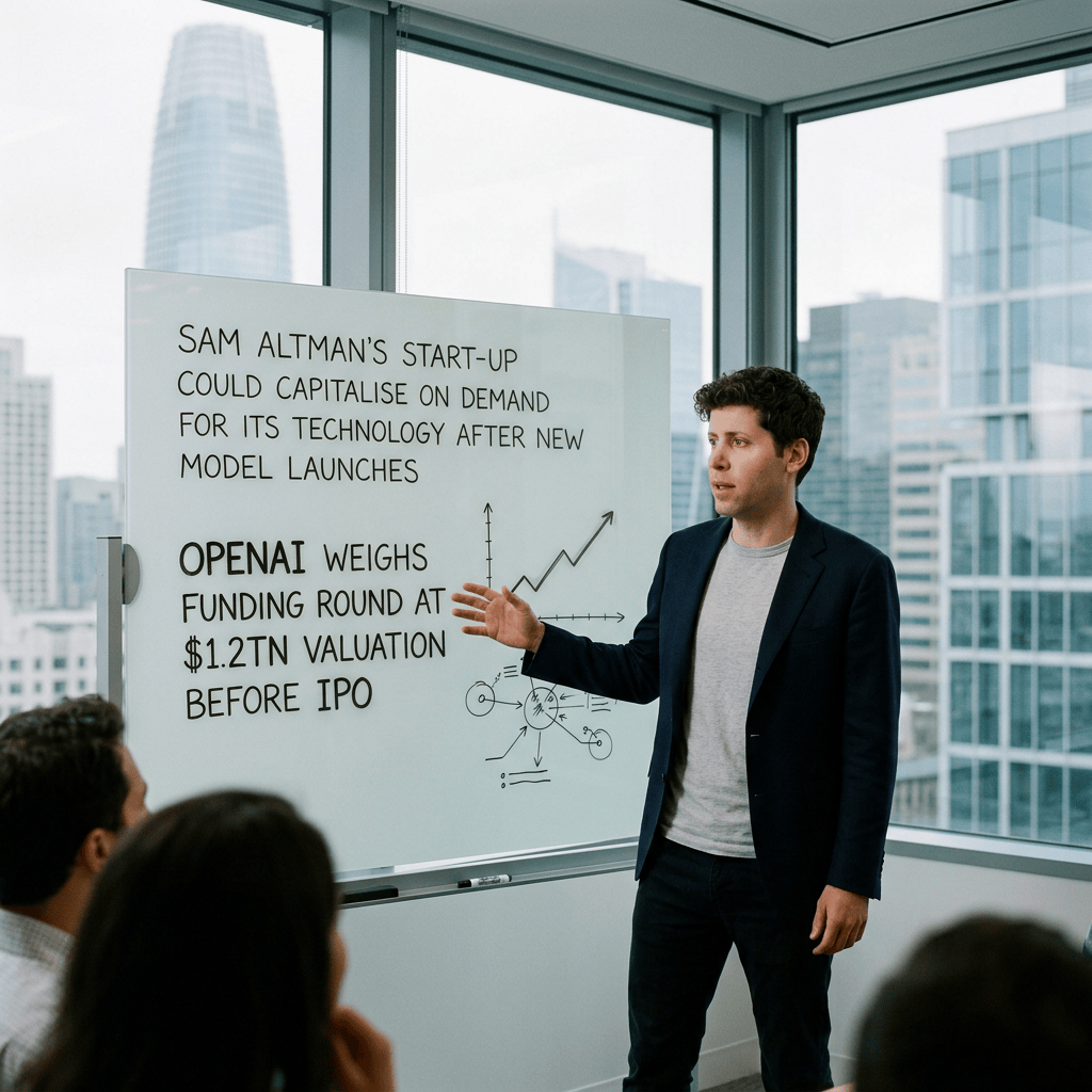 Whiteboard reads: “SAM ALTMAN’S START-UP COULD CAPITALISE ON DEMAND FOR ITS TECHNOLOGY AFTER NEW MODEL LAUNCHES. OPENAI WEIGHS FUNDING ROUND AT $1.2TN VALUATION BEFORE IPO.”