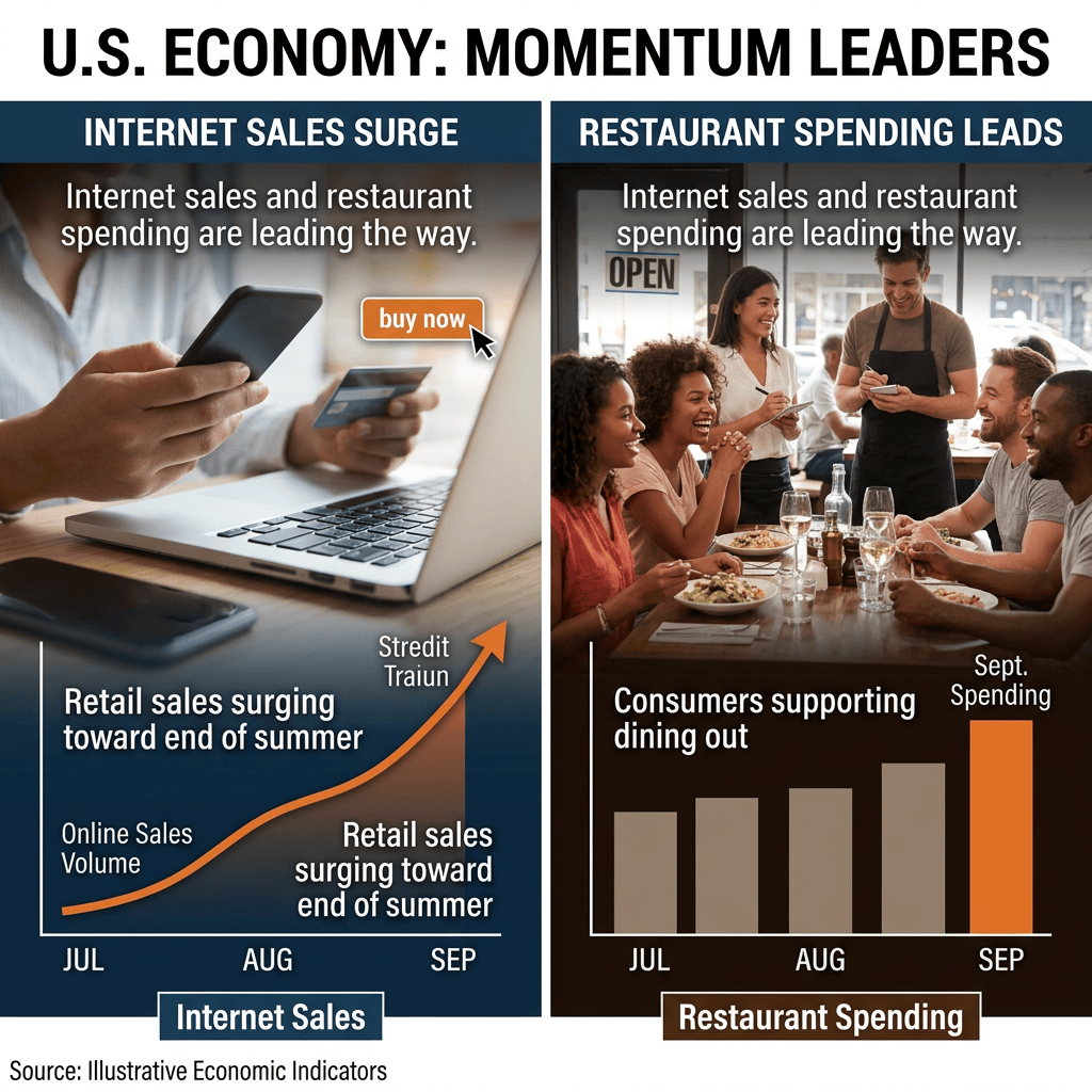 Infographic titled “U.S. Economy: Momentum Leaders” comparing rising internet sales and restaurant spending from July to September.