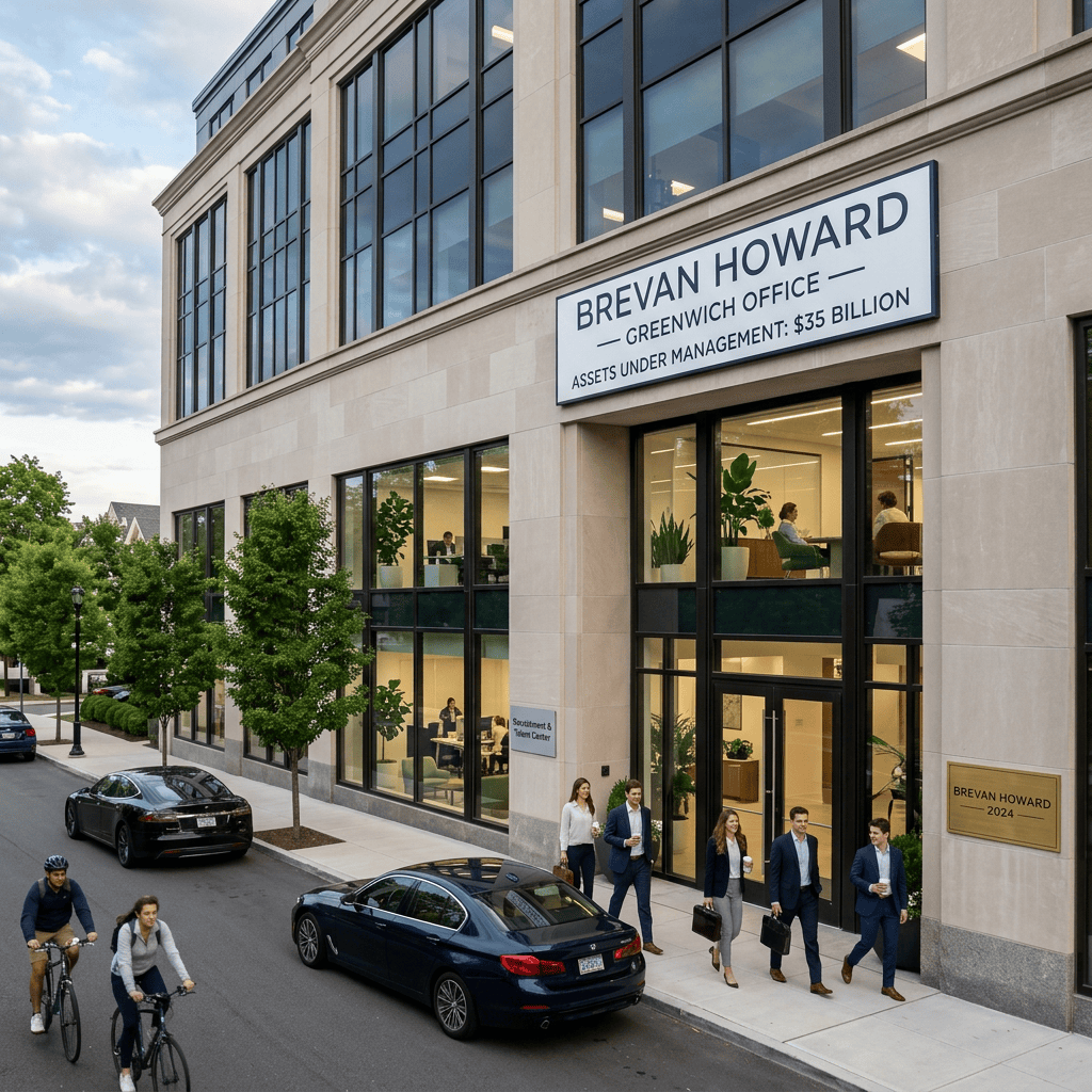 Brevan Howard Greenwich office sign showing $35 billion in assets under management