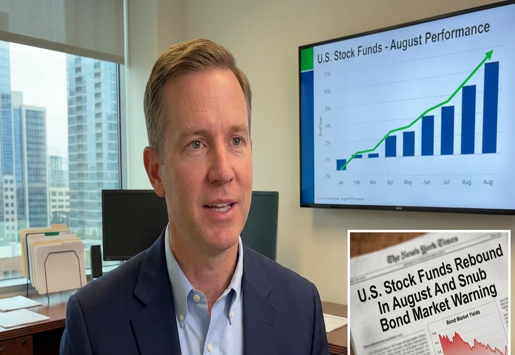 Man discussing finance beside chart titled “U.S. Stock Funds - August Performance,” with headline “U.S. Stock Funds Rebound In August And Snub Bond Market Warning” and quote about AI pushing stocks higher in August.