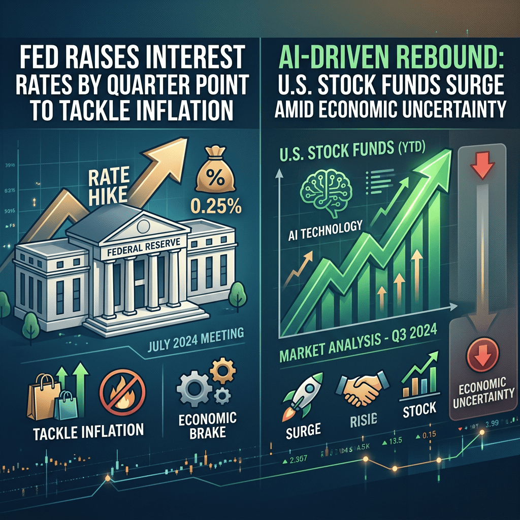 Infographic showing a 0.25% Fed rate hike and AI-driven U.S. stock fund gains