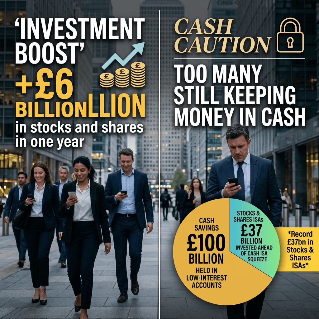 Graphic text: “INVESTMENT BOOST” “+£6 BILLION” “in stocks and shares in one year”; “CASH CAUTION” “TOO MANY STILL KEEPING MONEY IN CASH”; “CASH SAVINGS £100 BILLION HELD IN LOW-INTEREST ACCOUNTS”; “STOCKS & SHARES ISAs £37 BILLION INVESTED AHEAD OF CASH ISA SQUEEZE”; “*Record £37bn in Stocks & Shares ISAs*.” Illustrations show rising coins, a padlock, office workers, and a pie chart.