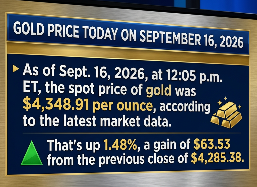 Gold price was $4,348.91 per ounce on September 16, 2026, up 1.48%.