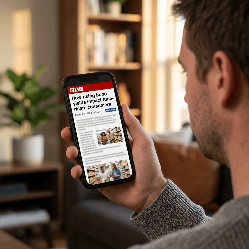 Phone displays BBC headline “How rising bond yields impact American consumers,” posted 9/16/2026 3:19 PM ET.