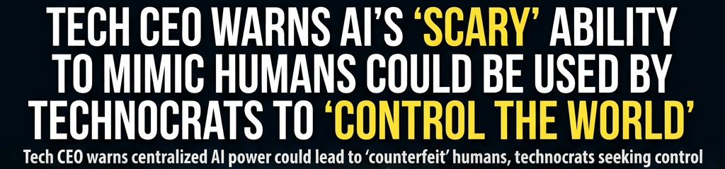 Text reads: TECH CEO WARNS AI’S ‘SCARY’ ABILITY TO MIMIC HUMANS COULD BE USED BY TECHNOCRATS TO ‘CONTROL THE WORLD’; Tech CEO warns centralized AI power could lead to ‘counterfeit’ humans, technocrats seeking control. A suited speaker addresses an audience.
