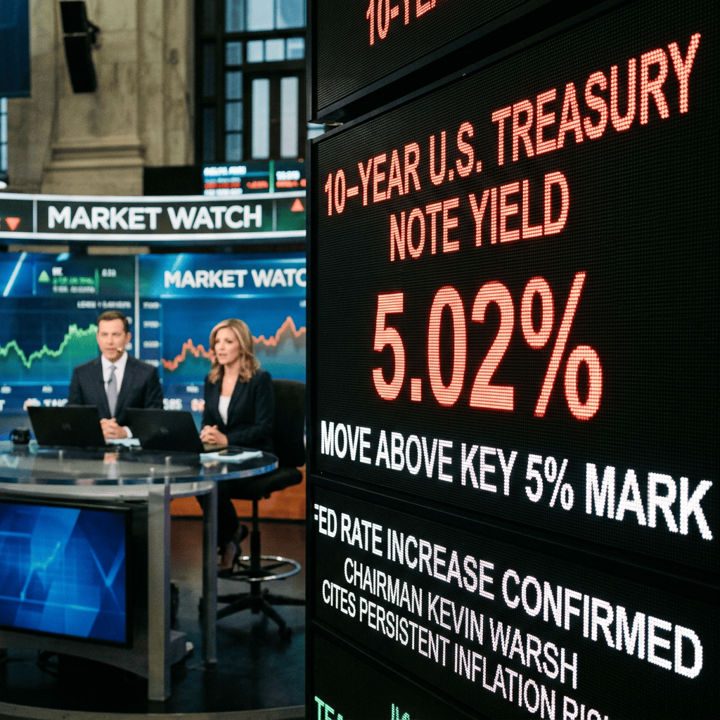 Market Watch screen showing 10-year U.S. Treasury note yield at 5.02% and financial anchors