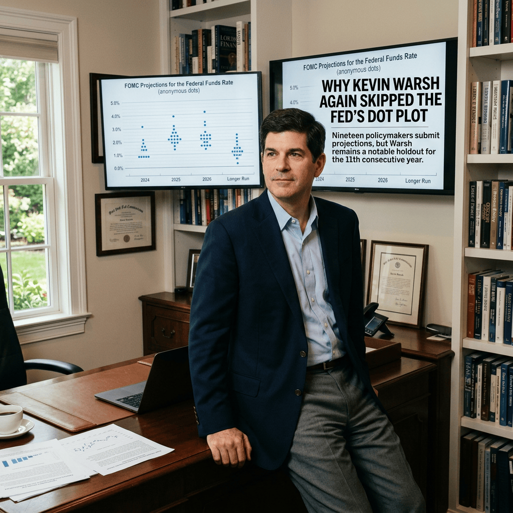 Man beside screens displaying Fed projections and headline about Kevin Warsh skipping the dot plot