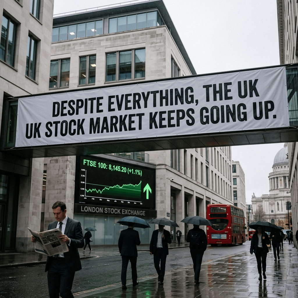 Banner reads “Despite everything, the UK stock market keeps going up” above a rising FTSE 100 display.