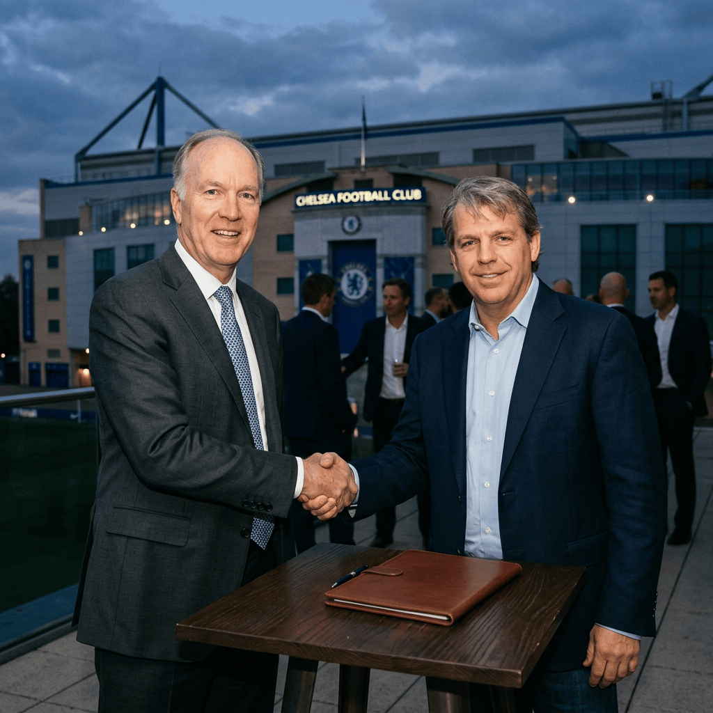 Two executives shake hands outside Chelsea Football Club beside a signing table.