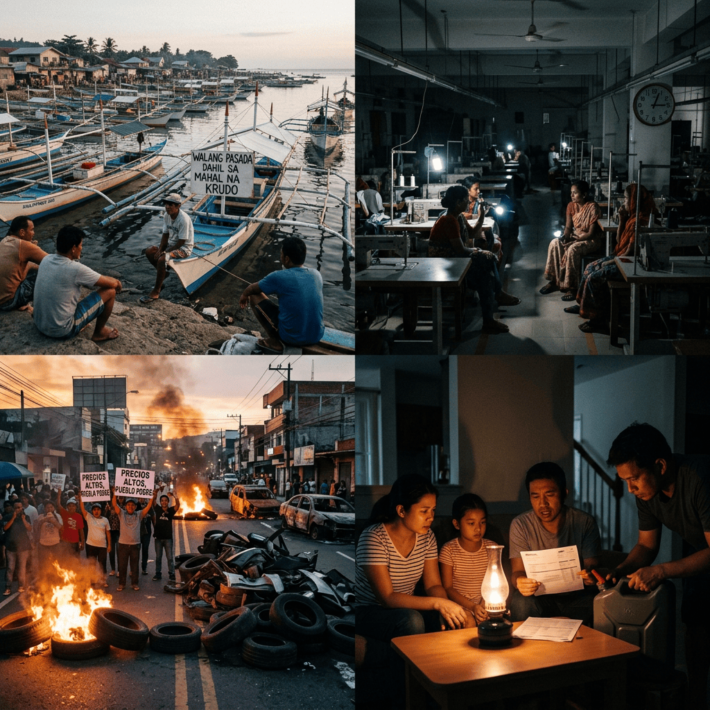 Four scenes: fishing boats, garment workers, a fuel-price protest, and a family using an oil lamp; signs read “WALANG PASADA DAHIL SA MAHAL NA KRUDO” and “PRECIOS ALTOS, PUEBLO POBRE.”